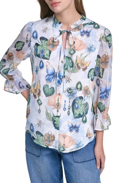 Karl Lagerfeld Paris Ruffle Collar Printed Shirt In Blue
