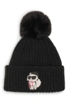 Karl Lagerfeld Paris Sassy Choupette Faux Fur Pompom Beanie In Black