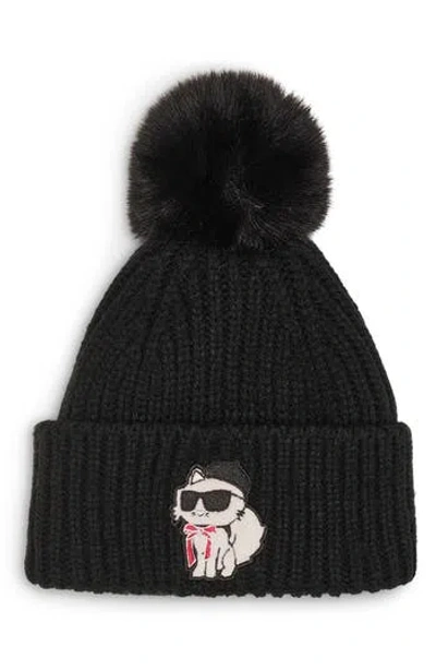 Karl Lagerfeld Paris Sassy Choupette Faux Fur Pompom Beanie In Black