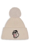Karl Lagerfeld Paris Sassy Choupette Faux Fur Pompom Beanie In White