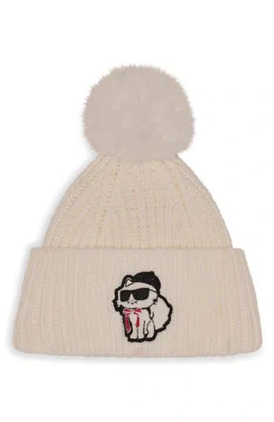 Karl Lagerfeld Paris Sassy Choupette Faux Fur Pompom Beanie In White
