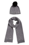 Karl Lagerfeld Paris Scattered Crystal Faux Fur Pompom Beanie & Scarf Set