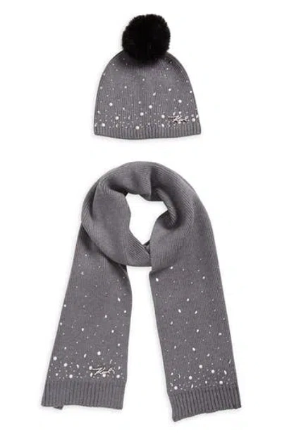 Karl Lagerfeld Paris Scattered Crystal Faux Fur Pompom Beanie & Scarf Set