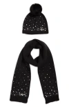 Karl Lagerfeld Paris Scattered Crystal Faux Fur Pompom Beanie & Scarf Set In Black