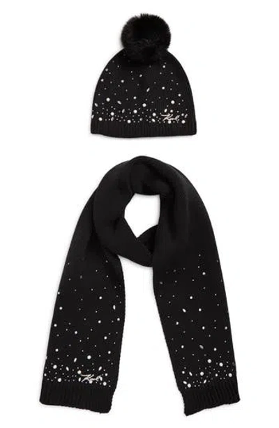 Karl Lagerfeld Paris Scattered Crystal Faux Fur Pompom Beanie & Scarf Set In Black