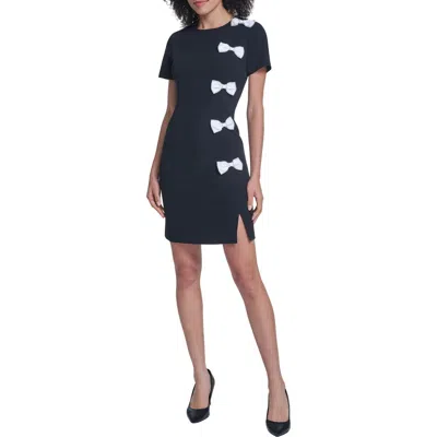 Karl Lagerfeld Paris Scuba Rhinestone Bow Sheath Dress In Blue