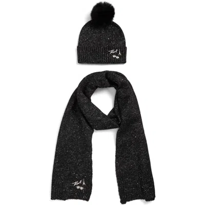 Karl Lagerfeld Paris Shimmer Pompom Beanie & Scarf Set In Black