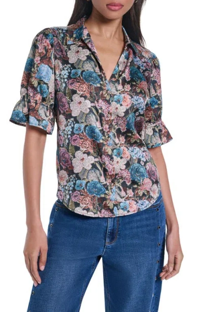 Karl Lagerfeld Paris Short Sleeve Ruffle Cuff Shirt In Multi