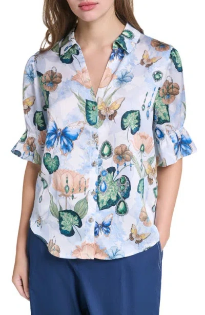 Karl Lagerfeld Paris Short Sleeve Ruffle Cuff Shirt In White