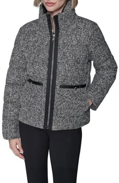 Karl Lagerfeld Paris Short Tweed Puffer Jacket In Gray