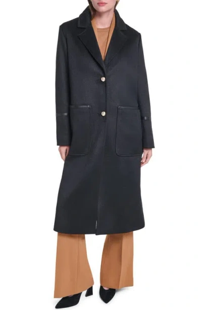 Karl Lagerfeld Paris Single Breasted Coat With Faux Leather Trim In Black
