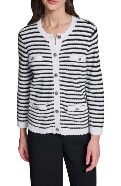 Karl Lagerfeld Paris Stripe Cotton Blend Cardigan In Black