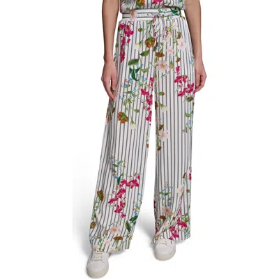 Karl Lagerfeld Paris Stripe Flower Print Wide Leg Pants In White