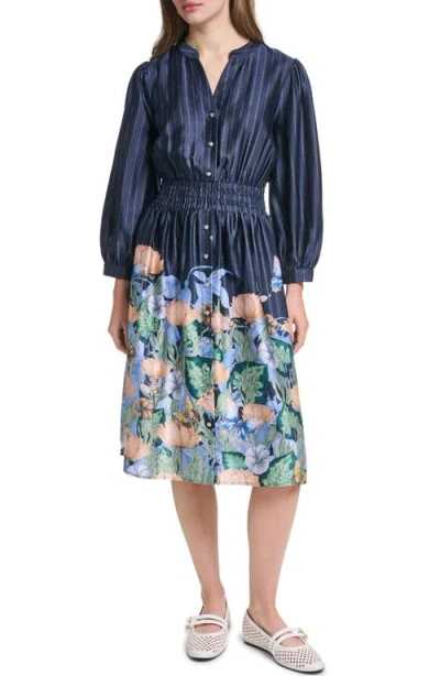 Karl Lagerfeld Paris Striped Floral Three-quarter Sleeve Dress In Blue