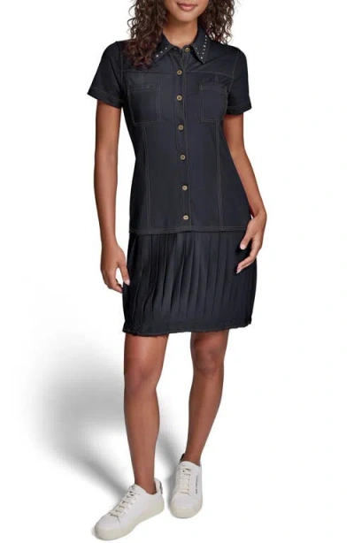 Karl Lagerfeld Paris Stud Detail Pleated Shirtdress In Blue