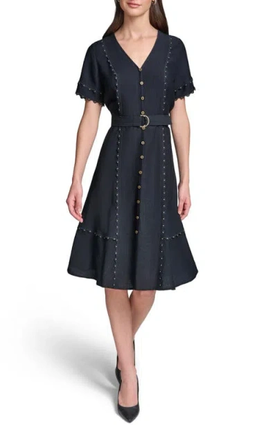 Karl Lagerfeld Paris Stud Embellished Belted Button-up Dress In Black