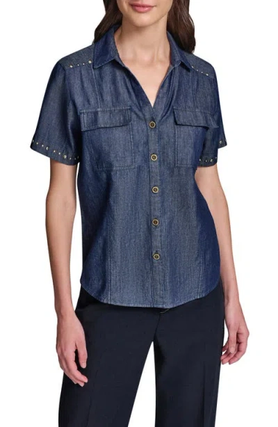 Karl Lagerfeld Paris Studded Button-up Shirt In Blue