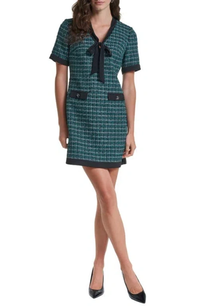 Karl Lagerfeld Paris Tie Neck Tweed A-line Minidress In Green
