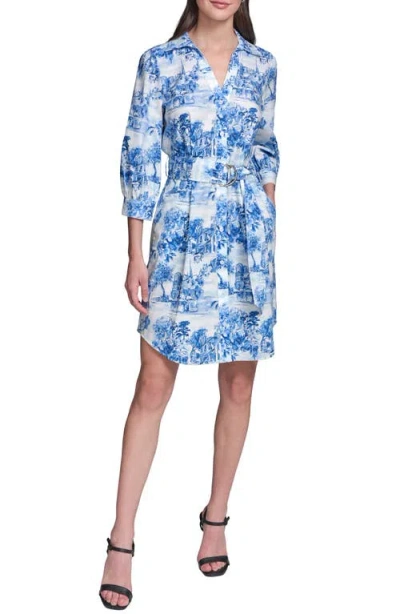 Karl Lagerfeld Paris Toile Print Long Sleeve Shirtdress In Blue