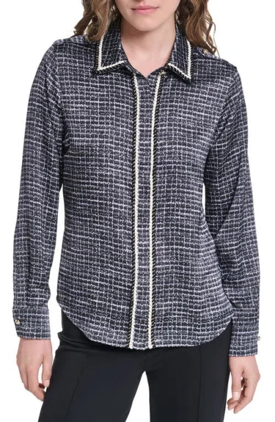 Karl Lagerfeld Paris Tweed Print Long Sleeve Shirt In Black/soft White Multi