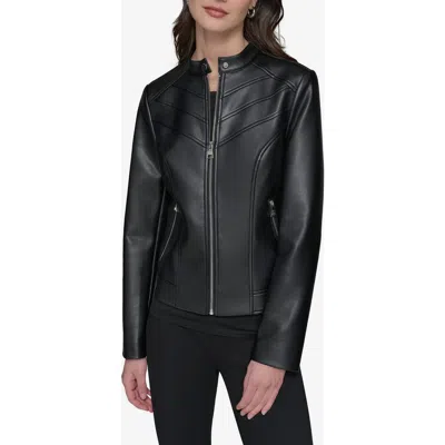 Karl Lagerfeld Paris Water Resistant Chevron Detail Faux Leather Jacket In Black
