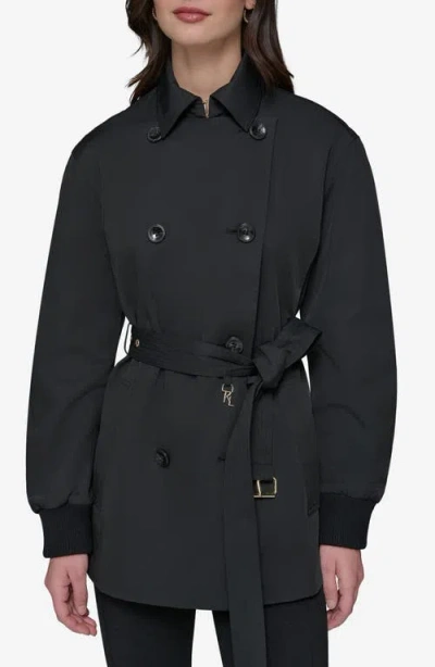 Karl Lagerfeld Paris Water Resistant Cotton Blend Short Trench Coat In Black
