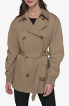 Karl Lagerfeld Paris Water Resistant Cotton Blend Short Trench Coat In Khaki