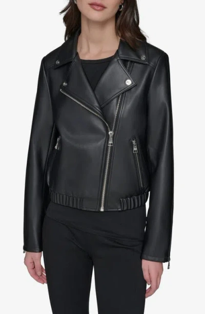 Karl Lagerfeld Paris Water Resistant Faux Leather Moto Jacket In Black