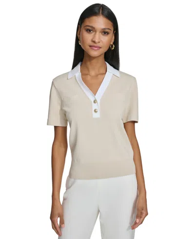 Karl Lagerfeld Paris Women's Contrast-trim Polo-collar Top In Pavement,soft White