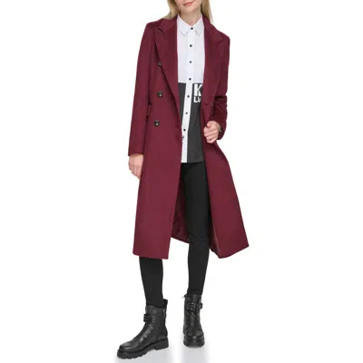 Karl Lagerfeld Paris Wool Blend Double Breasted Coat In Burgundy