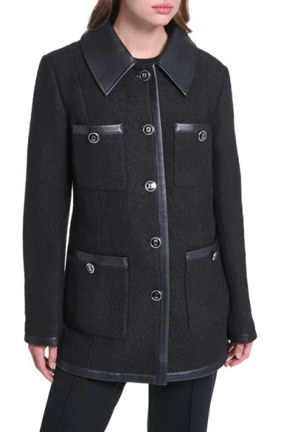 Karl Lagerfeld Paris Wool Blend Jacket With Faux Leather Trim In Black