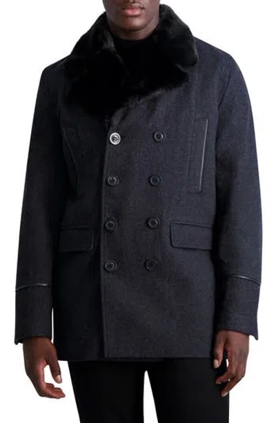 Karl Lagerfeld Paris Wool Blend Peacoat With Faux Fur Collar In Black