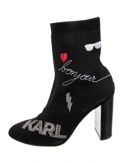 Pre-owned Karl Lagerfeld Patterned Embroidered Accent Sock Boots In Black