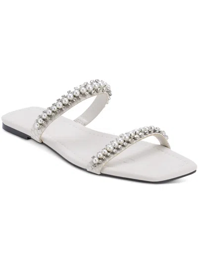 Karl Lagerfeld Payzlee Womens Faux Leather Rhinestone Slide Sandals In Silver