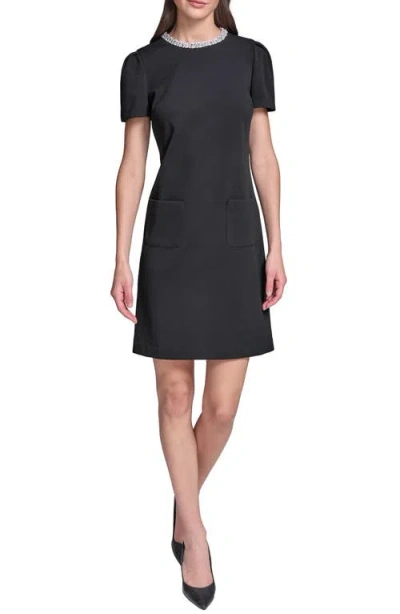 Karl Lagerfeld Pearl Collar Scuba Crepe Sheath Dress In Black