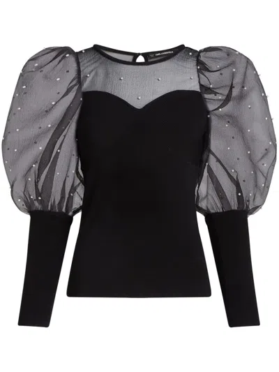 Karl Lagerfeld Pearl-embellished Puff-sleeve Top In Black