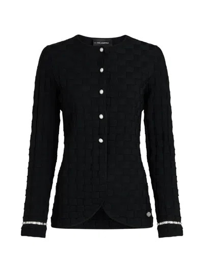Karl Lagerfeld Pearl-embellished Basket-weave Cardigan In Black