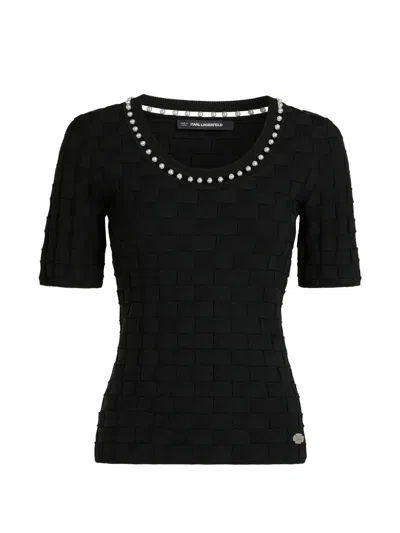 Karl Lagerfeld Pearl-embellished Basket-weave Top In Black