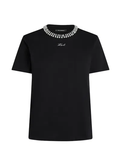 Karl Lagerfeld Pearl-embellished Logo T-shirt In Black