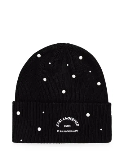 Karl Lagerfeld Pearl-embellished Logo-embroidered Beanie Hat In Red