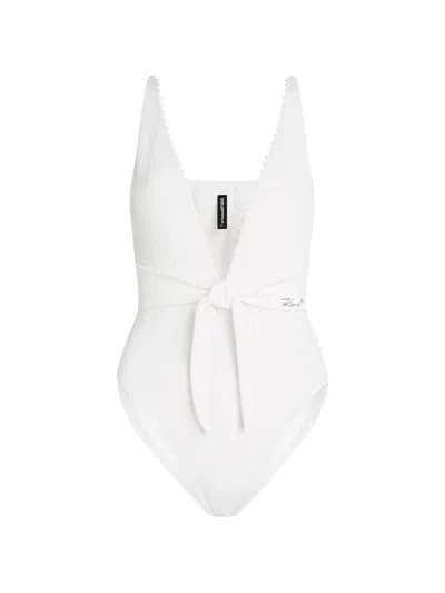 Karl Lagerfeld Pearl-embellished Tie-front Swimsuit In White