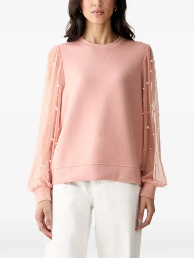 Karl Lagerfeld Pearl-embellished Tulle-sleeve Sweatshirt In Pink