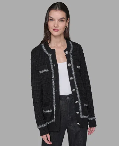 Karl Lagerfeld Petite 4-pocket Crewneck Cardigan Sweater In Black