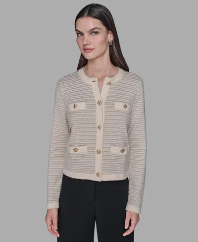 Karl Lagerfeld Petite 4-pocket Long Sleeves Cardigan Sweater In Neutral