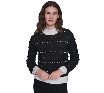 Karl Lagerfeld Petite All Over Imitation Pearl Mock Neck Long-sleeve Striped Sweater In Black
