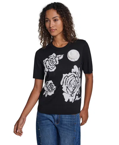 Karl Lagerfeld Petite All Over Rose Floral Crewneck Short-sleeve Sweater In Animal Print