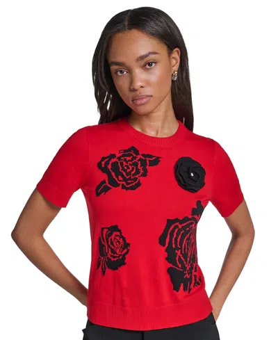 Karl Lagerfeld Petite All Over Rose Floral Crewneck Short-sleeve Sweater In Blue