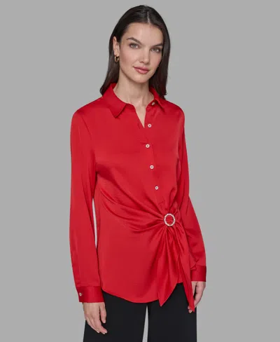 Karl Lagerfeld Petite Asymmetric Long Sleeves Top In Red