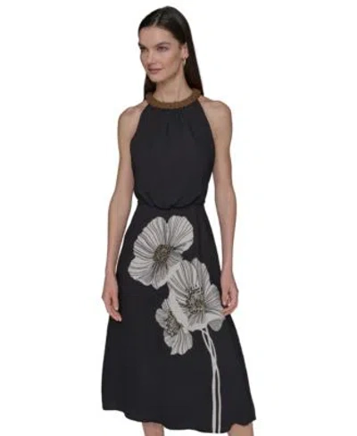 Karl Lagerfeld Petite Beaded Neck Floral Graphic Dress 0 14p In Multi