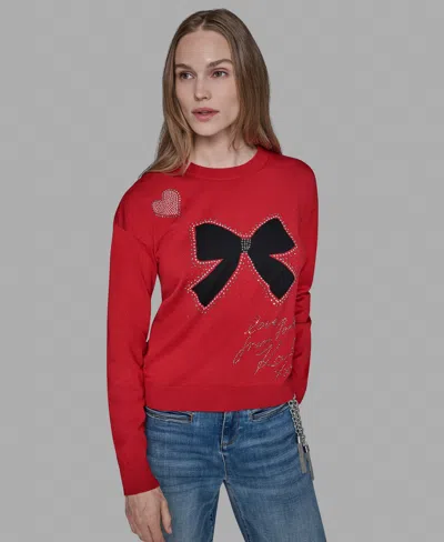 Karl Lagerfeld Petite Bow Long Sleeves Sweater In Red